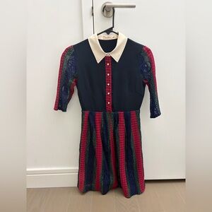 Miss Patina Navy Vintage Dress with Red and Green Stripes and Cream Collar